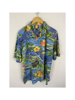 Zeppelin Vintage Mens Tropical Mesh Polo Shirt Large Hawaiian Palm Tree Blue USA